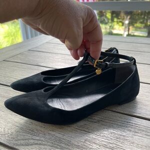 Tory Burch Aston Black Suede Women's T-Strap Flats Size 5.5